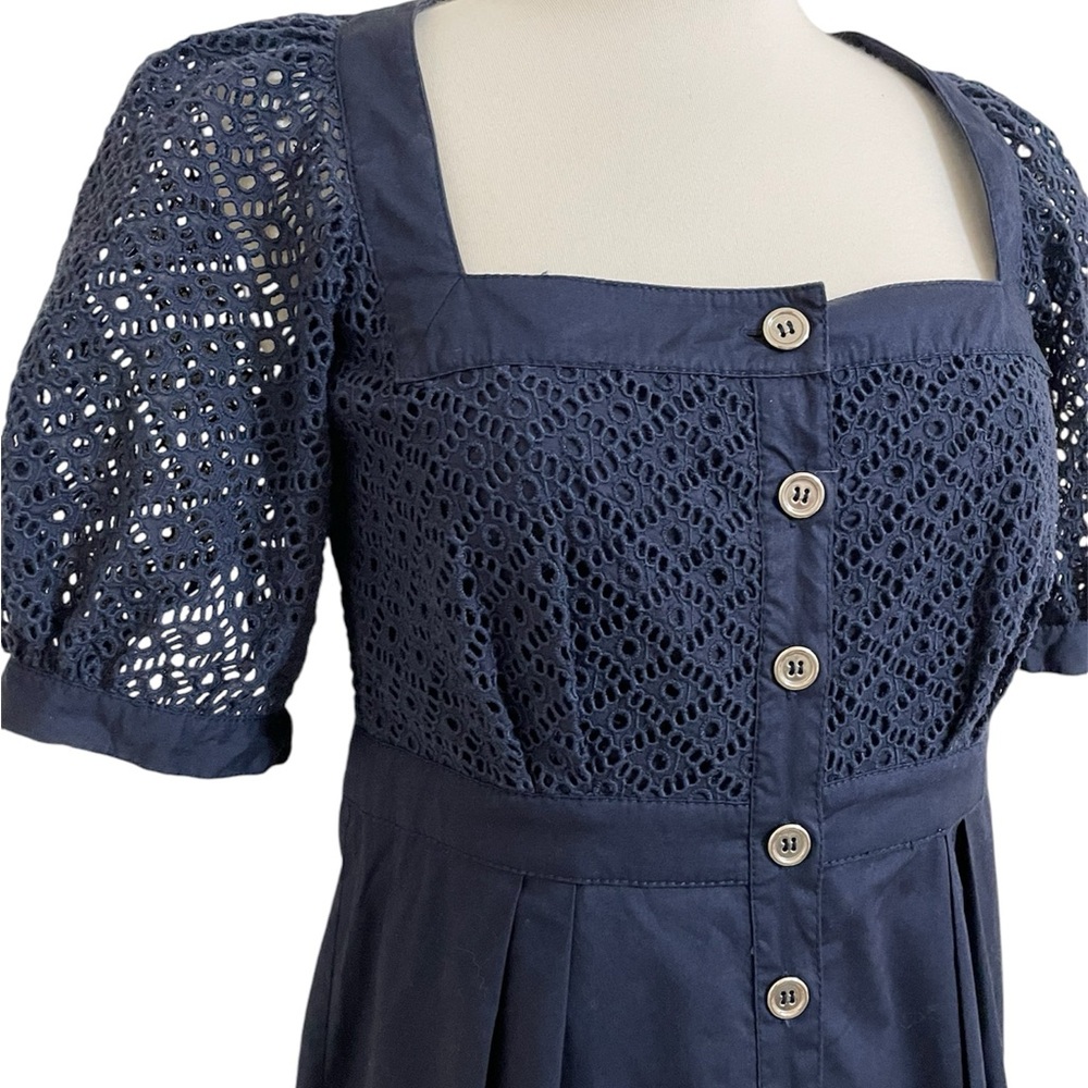 CATHERINE MALANDRINO Navy Midi Dress Button Front Eyelet Trim Square Neck Size 4